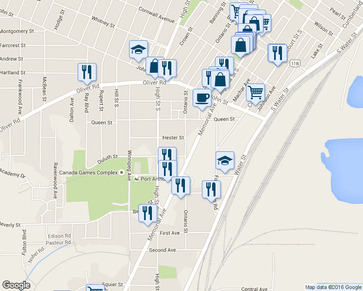 map of restaurants, bars, coffee shops, grocery stores, and more near 356 Hester Street in Thunder Bay