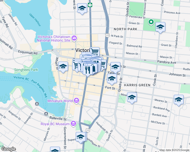 map of restaurants, bars, coffee shops, grocery stores, and more near 700 Yates Street in Victoria