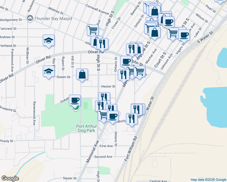 map of restaurants, bars, coffee shops, grocery stores, and more near 216 Ontario Street in Thunder Bay
