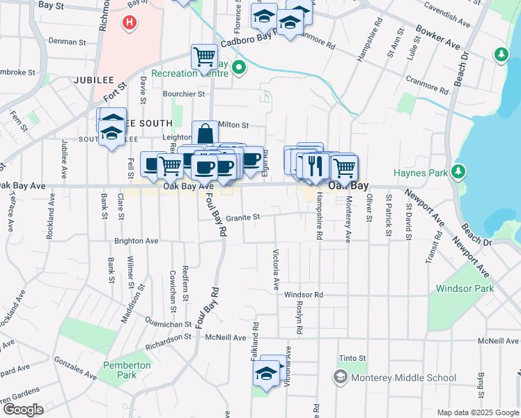 map of restaurants, bars, coffee shops, grocery stores, and more near 2100 Granite Street in Victoria