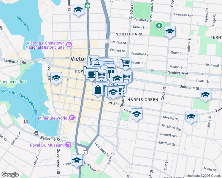 map of restaurants, bars, coffee shops, grocery stores, and more near 819 Yates Street in Victoria