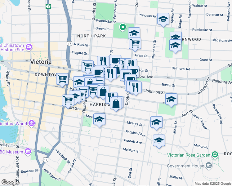 map of restaurants, bars, coffee shops, grocery stores, and more near 1030 Yates Street in Victoria