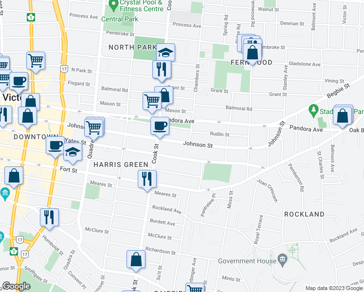 map of restaurants, bars, coffee shops, grocery stores, and more near 1145 Johnson Street in Victoria