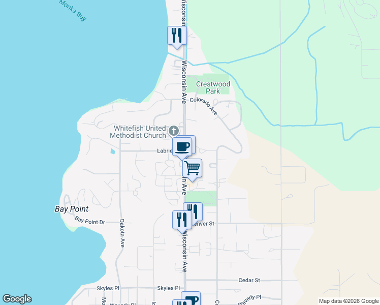 map of restaurants, bars, coffee shops, grocery stores, and more near 630 Crestwood Ct in Whitefish