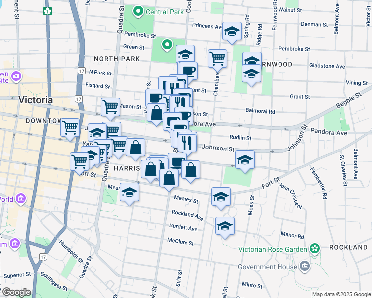 map of restaurants, bars, coffee shops, grocery stores, and more near 1100 Yates Street in Victoria
