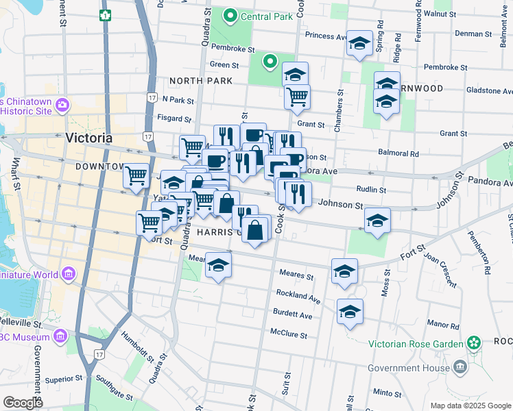 map of restaurants, bars, coffee shops, grocery stores, and more near 1011c Johnson Street in Victoria