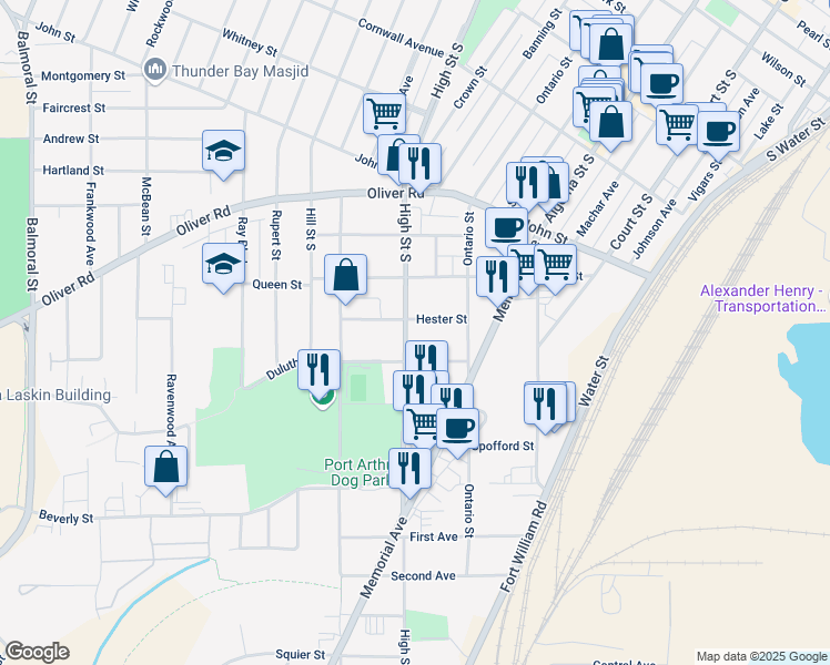 map of restaurants, bars, coffee shops, grocery stores, and more near 361 High Street South in Thunder Bay