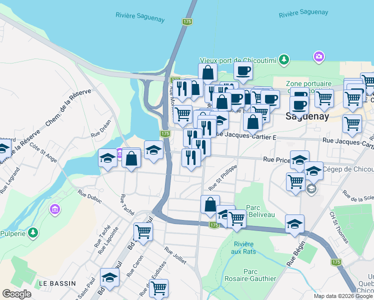 map of restaurants, bars, coffee shops, grocery stores, and more near 55 Rue Price Ouest in Saguenay