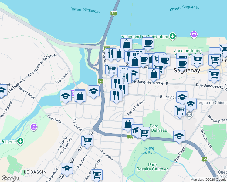 map of restaurants, bars, coffee shops, grocery stores, and more near 55 Rue Price Ouest in Saguenay