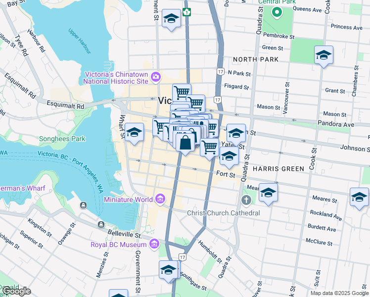 map of restaurants, bars, coffee shops, grocery stores, and more near 700 Yates Street in Victoria