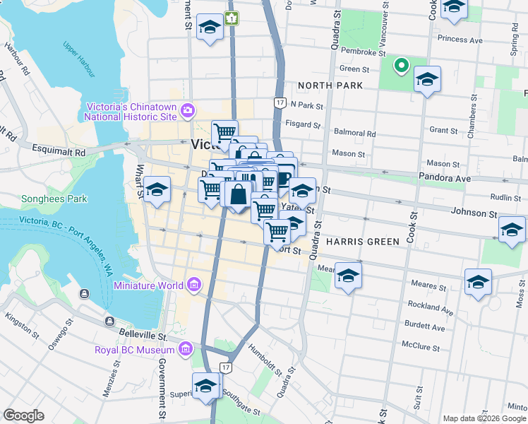 map of restaurants, bars, coffee shops, grocery stores, and more near in Victoria