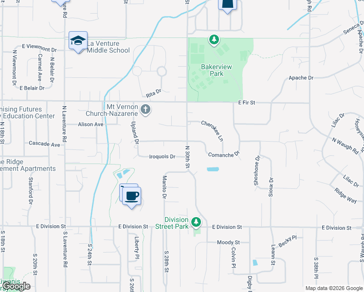 map of restaurants, bars, coffee shops, grocery stores, and more near 2920 Comanche Drive in Mount Vernon