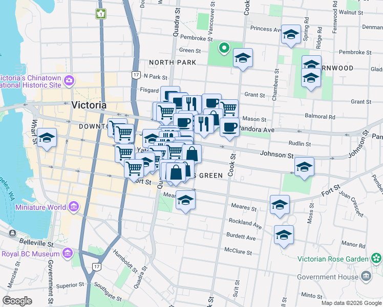 map of restaurants, bars, coffee shops, grocery stores, and more near 960 Yates Street in Victoria