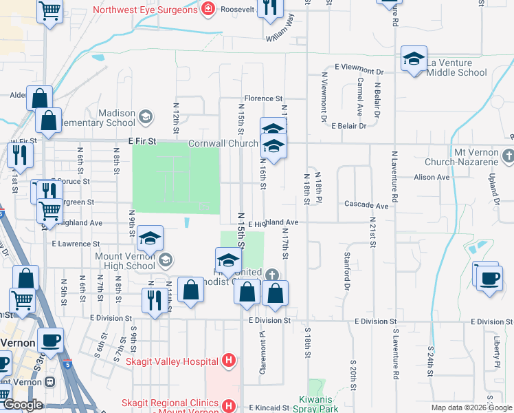 map of restaurants, bars, coffee shops, grocery stores, and more near 531 North 16th Street in Mount Vernon