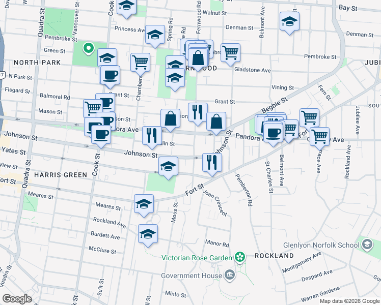 map of restaurants, bars, coffee shops, grocery stores, and more near 1423 Fernwood Road in Victoria