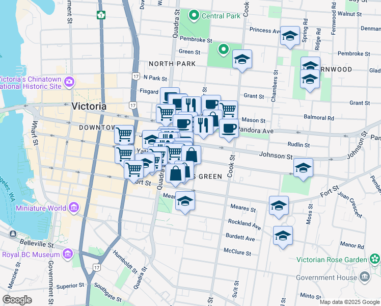 map of restaurants, bars, coffee shops, grocery stores, and more near 960 Yates Street in Victoria
