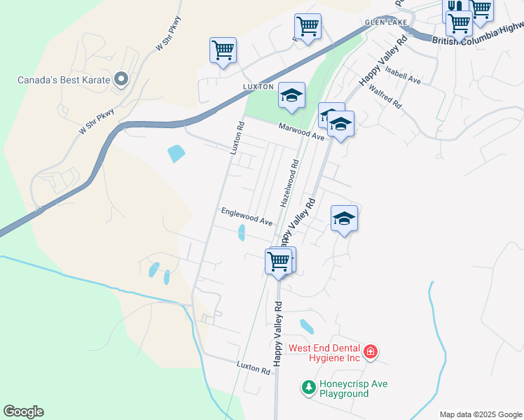 map of restaurants, bars, coffee shops, grocery stores, and more near 3384 Merlin Road in Victoria