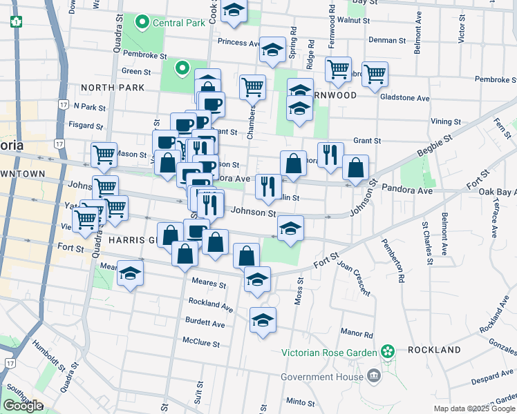 map of restaurants, bars, coffee shops, grocery stores, and more near 1226 Johnson Street in Victoria