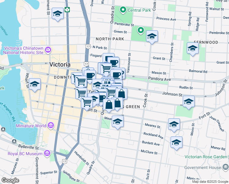 map of restaurants, bars, coffee shops, grocery stores, and more near 930 Yates Street in Victoria
