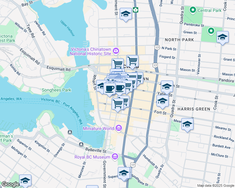 map of restaurants, bars, coffee shops, grocery stores, and more near 606 Trounce Alley in Victoria