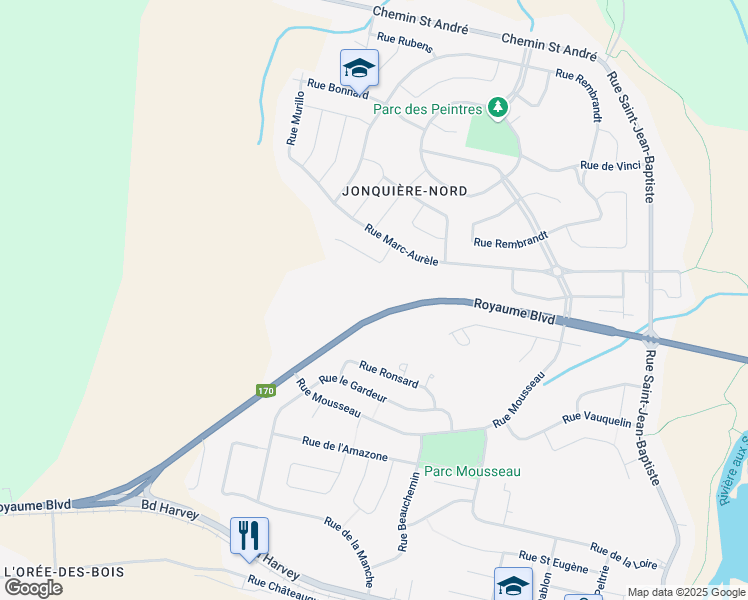 map of restaurants, bars, coffee shops, grocery stores, and more near 4140 Boulevard du Royaume in Saguenay