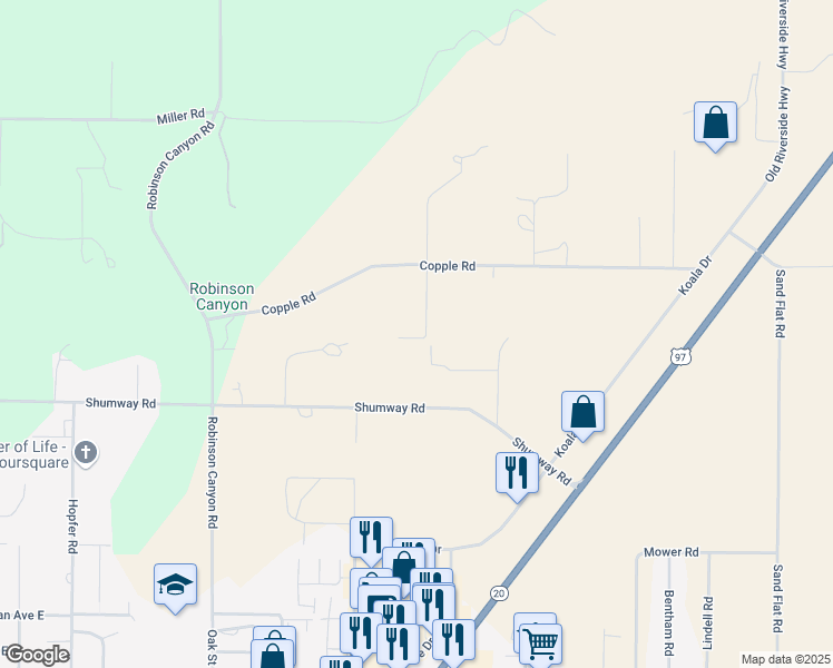 map of restaurants, bars, coffee shops, grocery stores, and more near 54 Copple Road in Omak