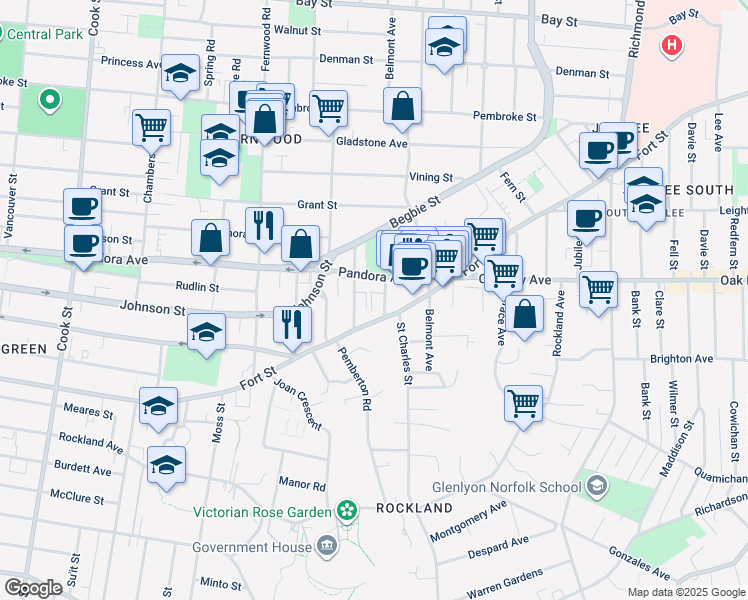 map of restaurants, bars, coffee shops, grocery stores, and more near 1430 Stadacona Avenue in Victoria
