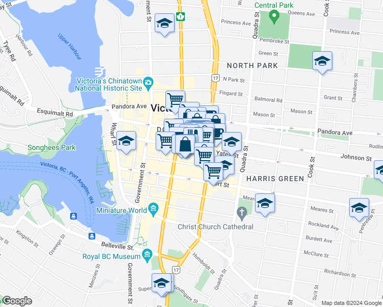 map of restaurants, bars, coffee shops, grocery stores, and more near 733 Yates Street in Victoria