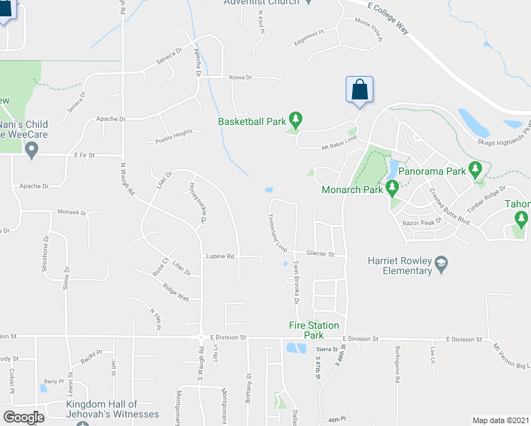 map of restaurants, bars, coffee shops, grocery stores, and more near 601 Timberland Loop in Mount Vernon