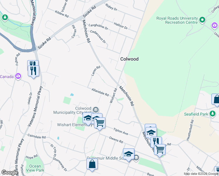 map of restaurants, bars, coffee shops, grocery stores, and more near 519 Pearkes Road in Victoria