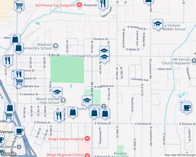 map of restaurants, bars, coffee shops, grocery stores, and more near 531 North 16th Street in Mount Vernon
