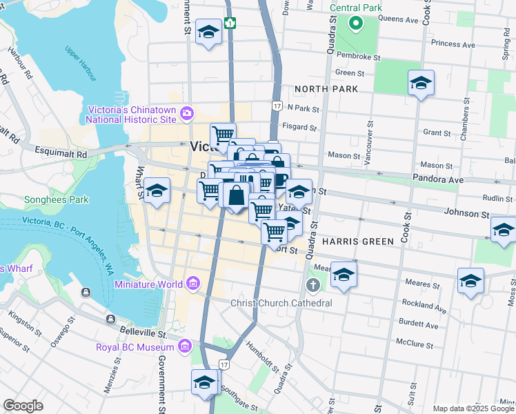 map of restaurants, bars, coffee shops, grocery stores, and more near 757 Yates Street in Victoria