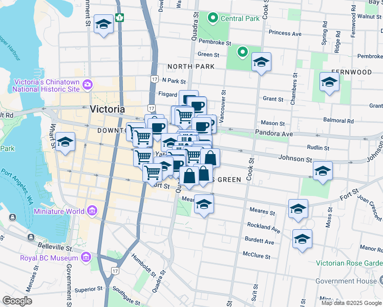 map of restaurants, bars, coffee shops, grocery stores, and more near in Victoria