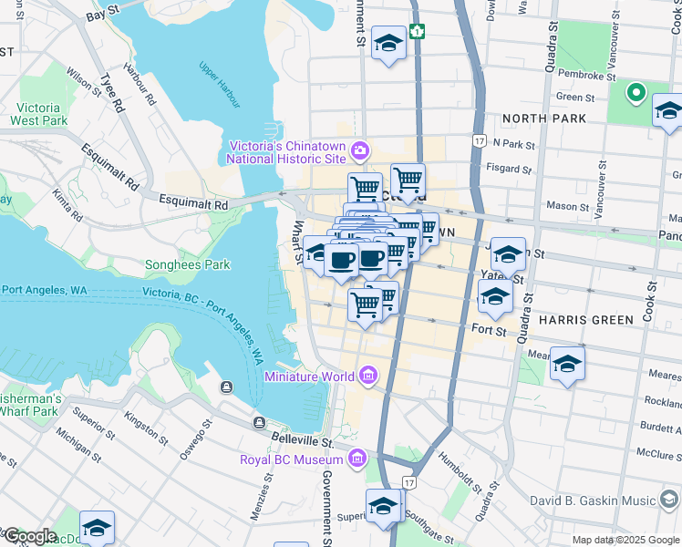 map of restaurants, bars, coffee shops, grocery stores, and more near 1219 Government Street in Victoria