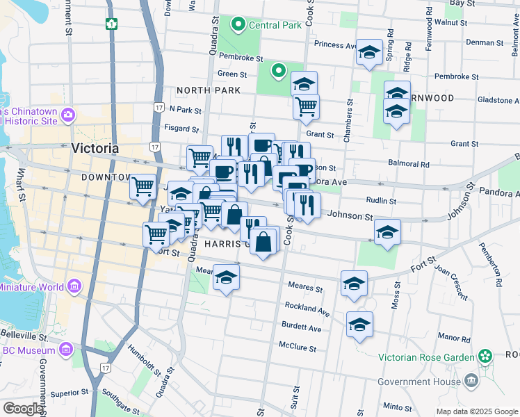 map of restaurants, bars, coffee shops, grocery stores, and more near 1011c Johnson Street in Victoria