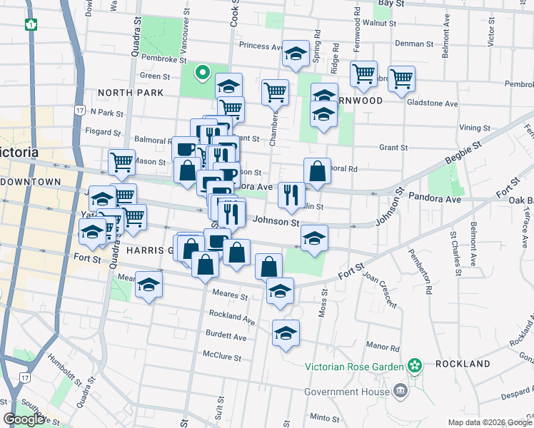 map of restaurants, bars, coffee shops, grocery stores, and more near 1407 Chambers Street in Victoria