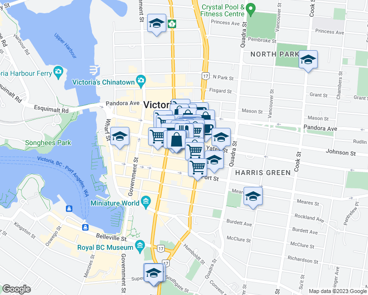 map of restaurants, bars, coffee shops, grocery stores, and more near 733 Yates Street in Victoria