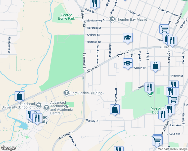map of restaurants, bars, coffee shops, grocery stores, and more near 618 Langworthy Crescent in Thunder Bay