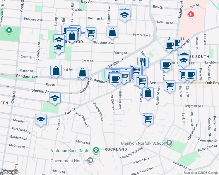 map of restaurants, bars, coffee shops, grocery stores, and more near 1551 Pandora Avenue in Victoria
