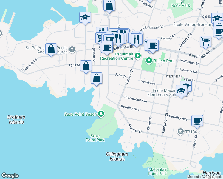 map of restaurants, bars, coffee shops, grocery stores, and more near 443 Admirals Road in Victoria