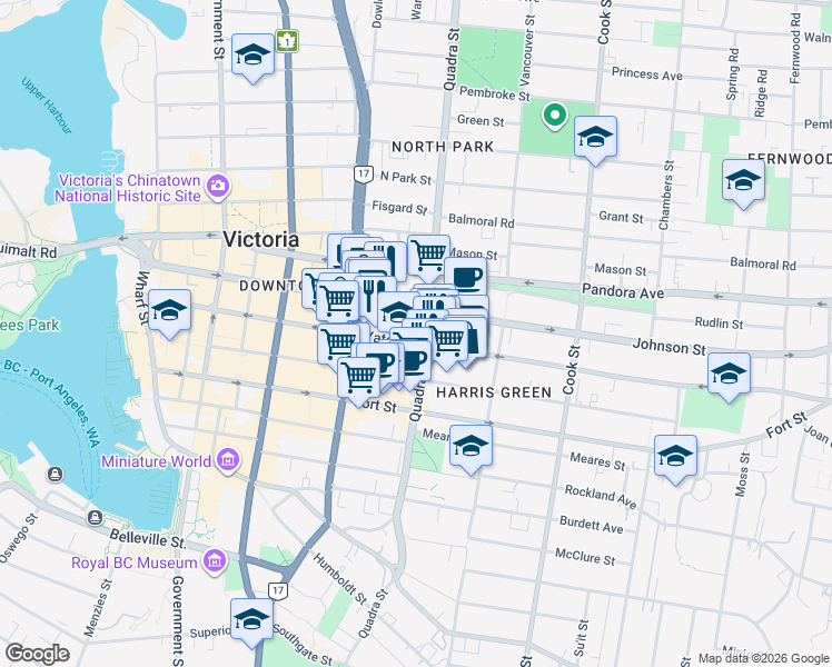 map of restaurants, bars, coffee shops, grocery stores, and more near 858 Yates Street in Victoria