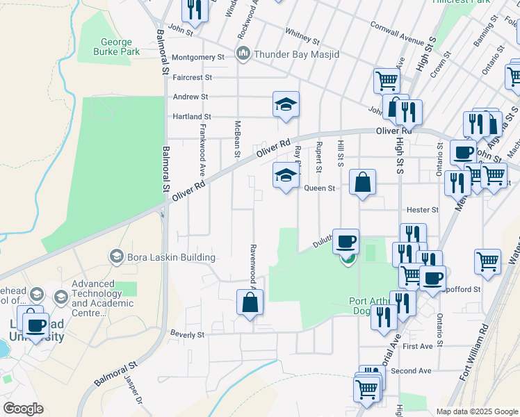 map of restaurants, bars, coffee shops, grocery stores, and more near 61 Ravenwood Avenue in Thunder Bay