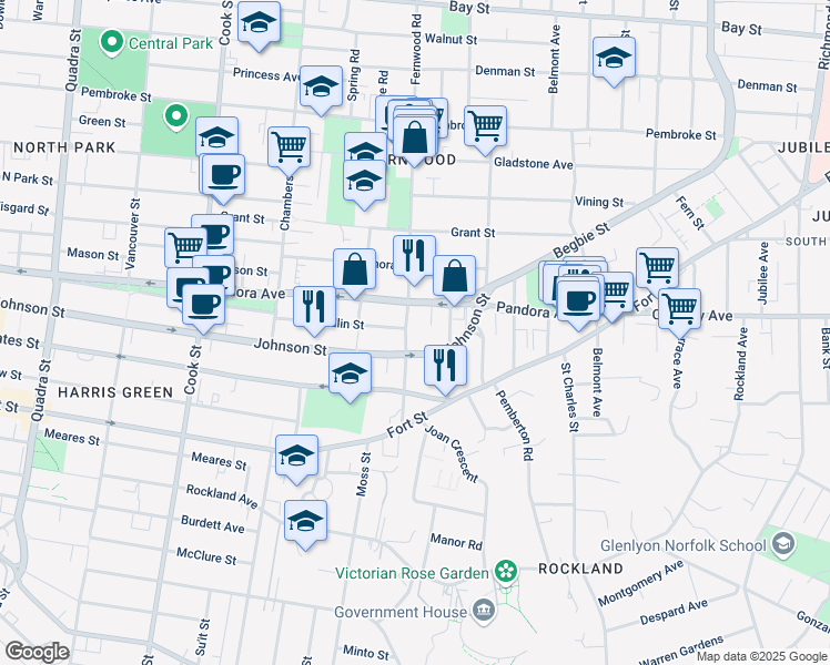map of restaurants, bars, coffee shops, grocery stores, and more near 1423 Fernwood Road in Victoria