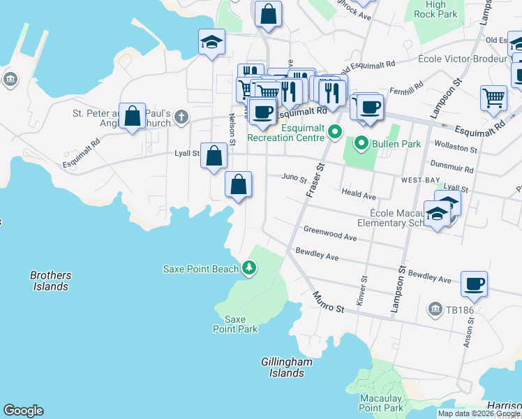 map of restaurants, bars, coffee shops, grocery stores, and more near 443 Admirals Road in Victoria