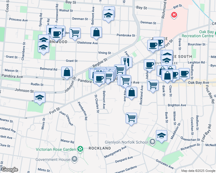 map of restaurants, bars, coffee shops, grocery stores, and more near 1537 A Fort Street in Victoria
