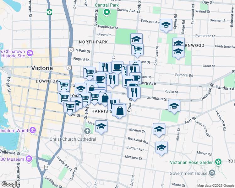 map of restaurants, bars, coffee shops, grocery stores, and more near 1011c Johnson Street in Victoria