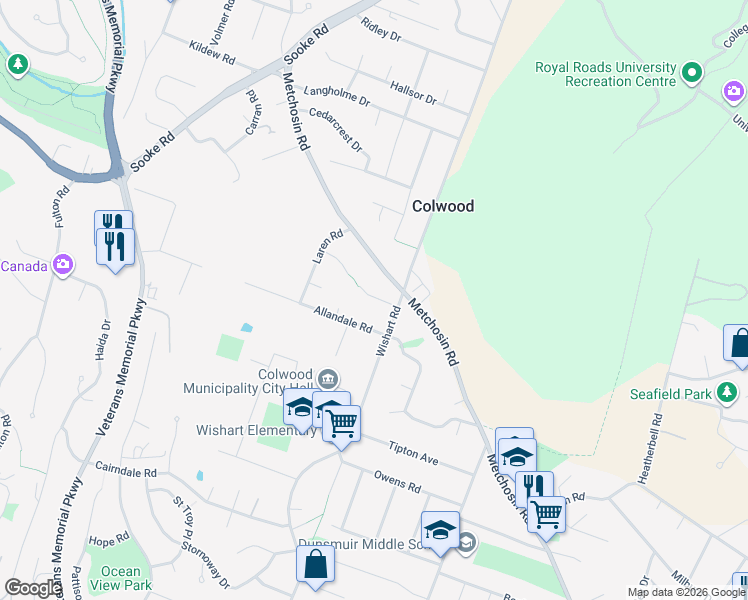 map of restaurants, bars, coffee shops, grocery stores, and more near 519 Pearkes Road in Victoria