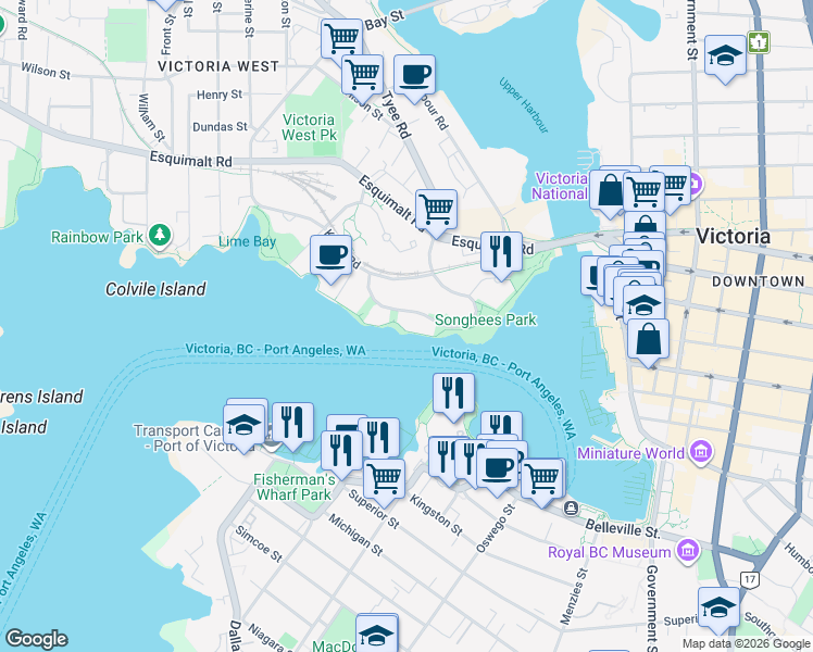 map of restaurants, bars, coffee shops, grocery stores, and more near 55 Songhees Road in Victoria