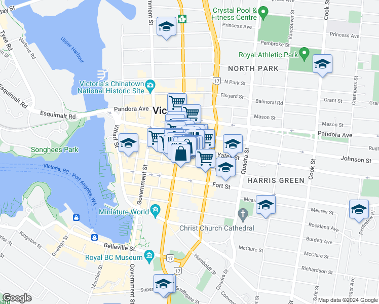 map of restaurants, bars, coffee shops, grocery stores, and more near 700 Yates Street in Victoria