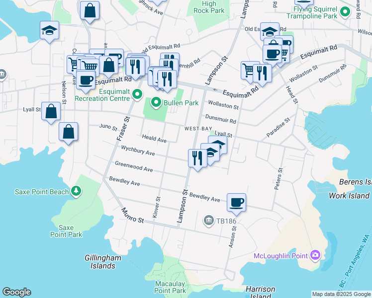 map of restaurants, bars, coffee shops, grocery stores, and more near 464 Lampson Street in Victoria